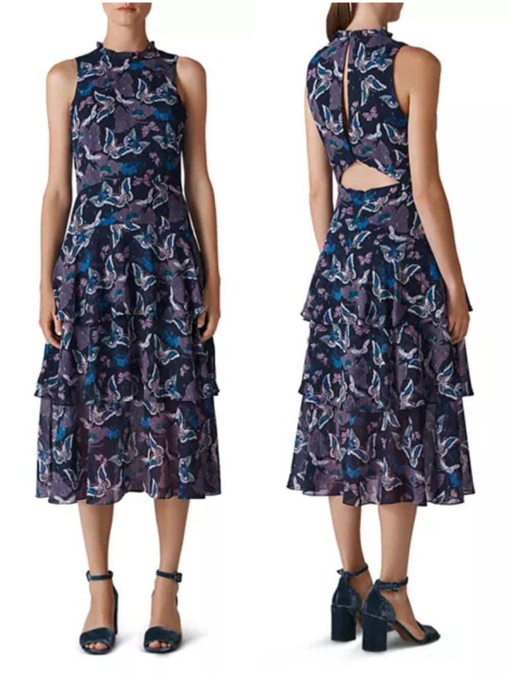 Whistles Butterfly Print Tiered Midi Dress size US 4 UK 8 midi blue papillon S